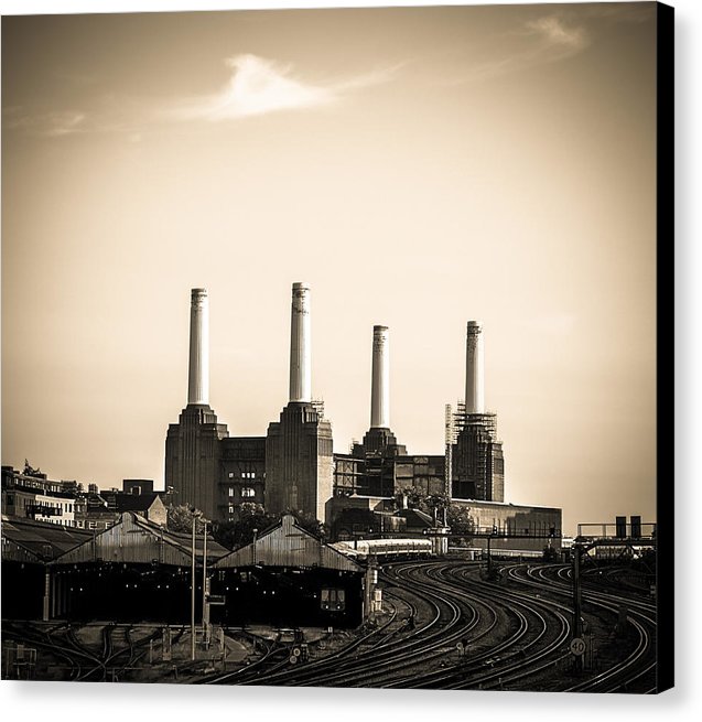 Battersea Power Station with train tracks - Canvas Print