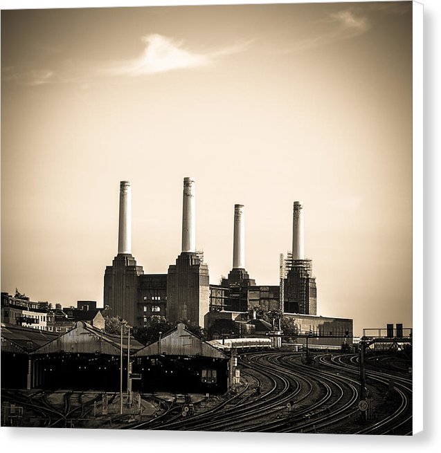 Battersea Power Station with train tracks - Canvas Print