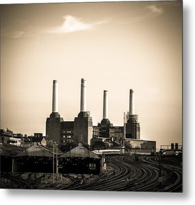 Battersea Power Station with train tracks - Metal Print