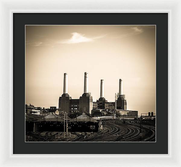 Battersea Power Station with train tracks - Framed Print