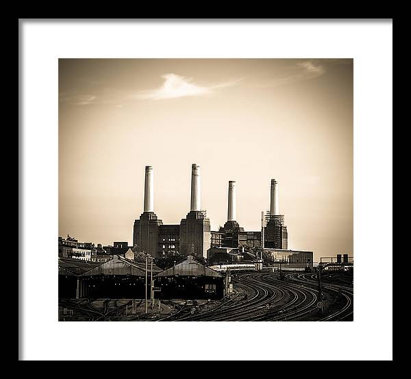 Battersea Power Station with train tracks - Framed Print