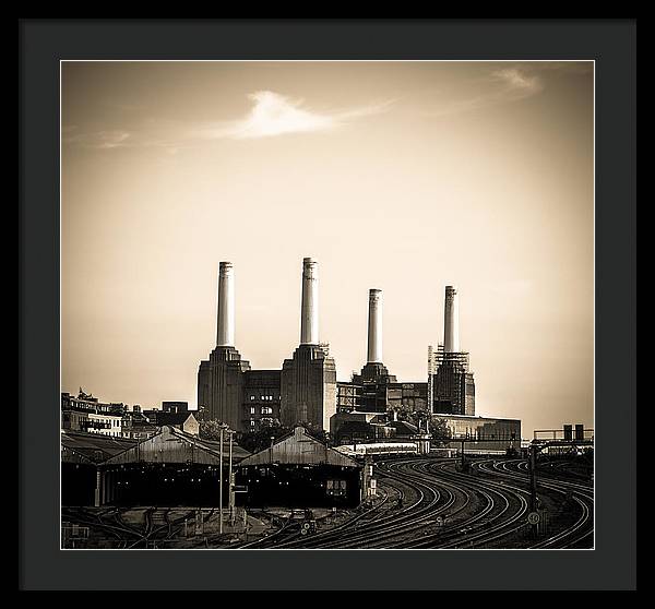 Battersea Power Station with train tracks - Framed Print