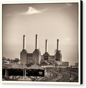 Battersea Power Station with train tracks with Border - Canvas Print