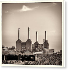 Battersea Power Station with train tracks with Border - Canvas Print