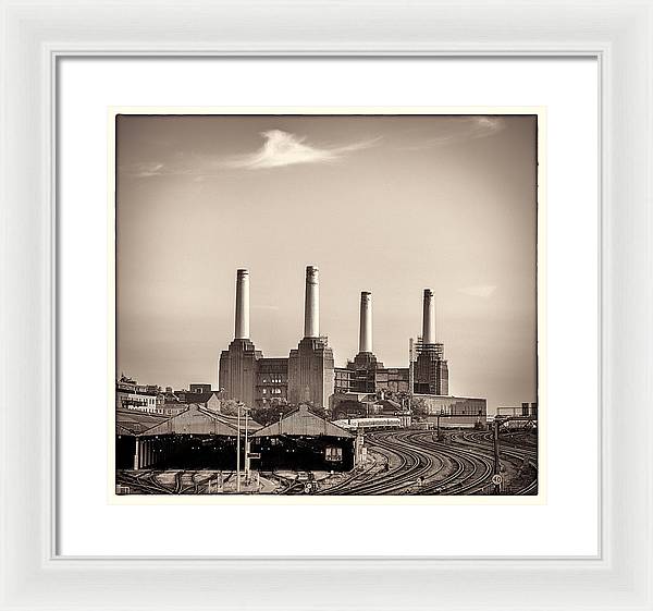 Battersea Power Station with train tracks with Border - Framed Print