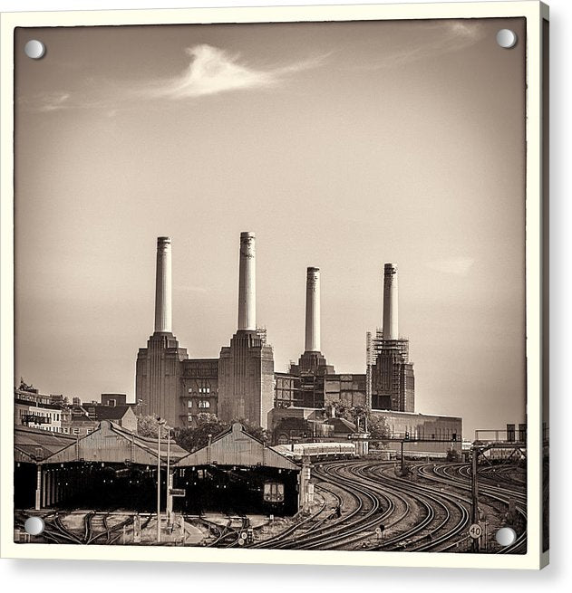 Battersea Power Station with train tracks with Border - Acrylic Print