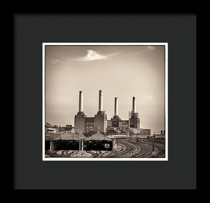 Battersea Power Station with train tracks with Border - Framed Print