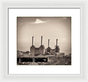 Battersea Power Station with train tracks with Border - Framed Print