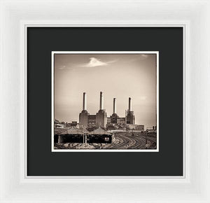 Battersea Power Station with train tracks with Border - Framed Print