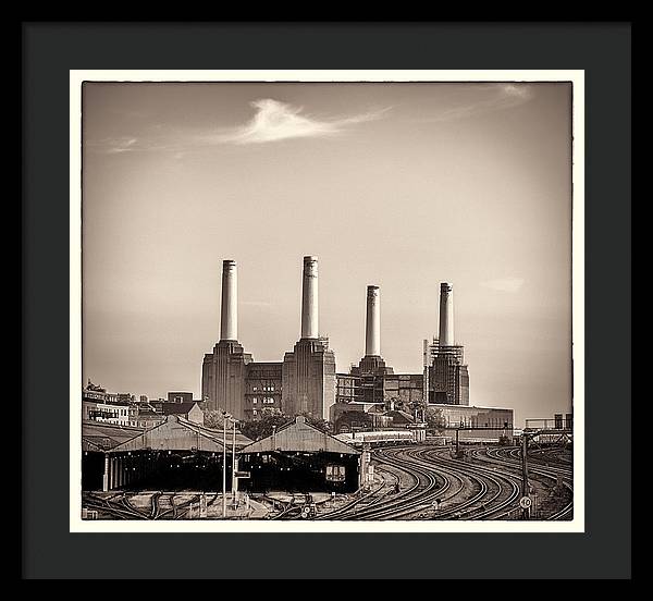 Battersea Power Station with train tracks with Border - Framed Print