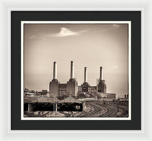 Battersea Power Station with train tracks with Border - Framed Print