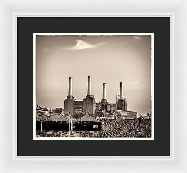 Battersea Power Station with train tracks with Border - Framed Print