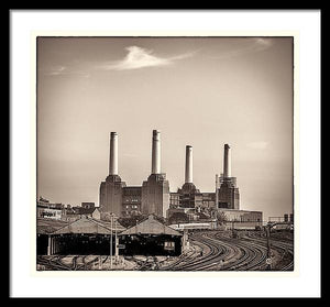 Battersea Power Station with train tracks with Border - Framed Print