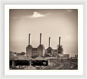 Battersea Power Station with train tracks with Border - Framed Print