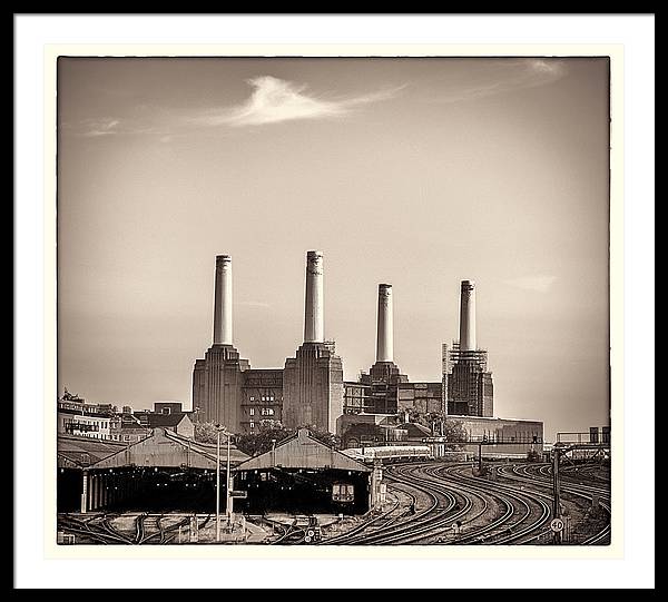 Battersea Power Station with train tracks with Border - Framed Print