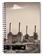Load image into Gallery viewer, Battersea Power Station with train tracks with Border - Spiral Notebook
