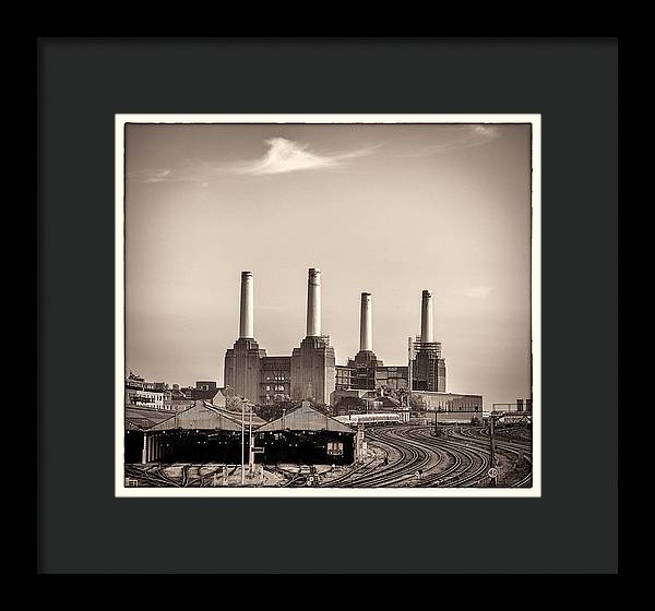 Battersea Power Station with train tracks with Border - Framed Print