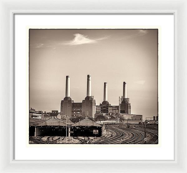 Battersea Power Station with train tracks with Border - Framed Print