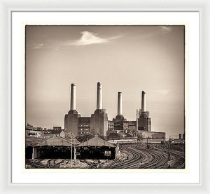 Battersea Power Station with train tracks with Border - Framed Print