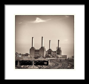 Battersea Power Station with train tracks with Border - Framed Print