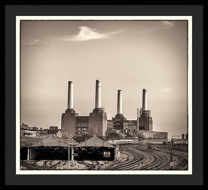 Battersea Power Station with train tracks with Border - Framed Print