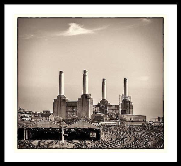 Battersea Power Station with train tracks with Border - Framed Print