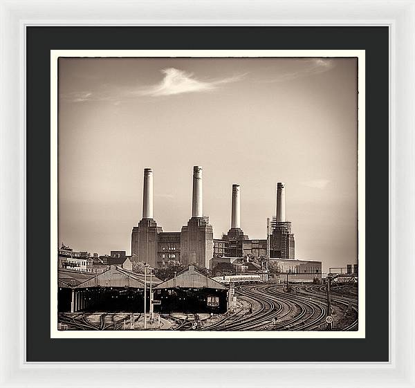 Battersea Power Station with train tracks with Border - Framed Print