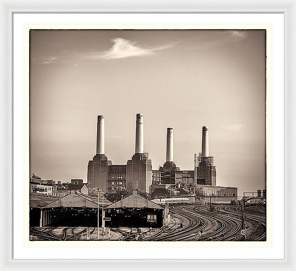 Battersea Power Station with train tracks with Border - Framed Print