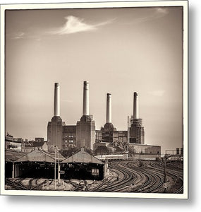 Battersea Power Station with train tracks with Border - Metal Print