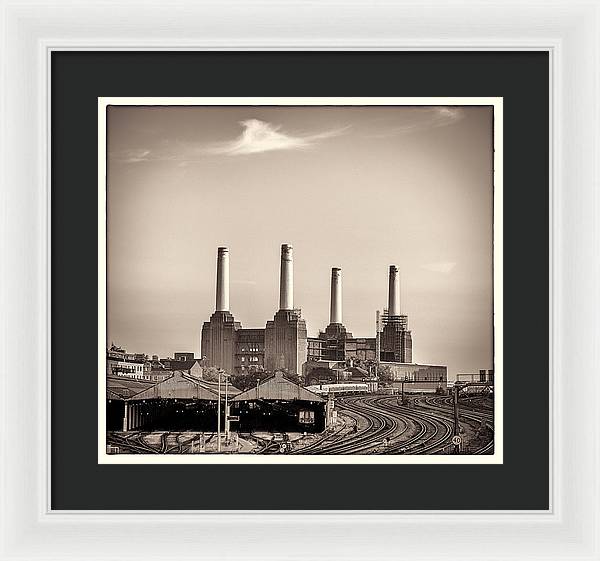 Battersea Power Station with train tracks with Border - Framed Print