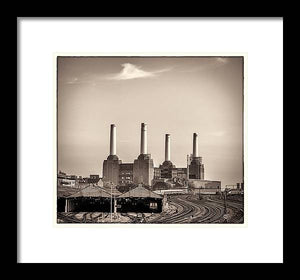 Battersea Power Station with train tracks with Border - Framed Print