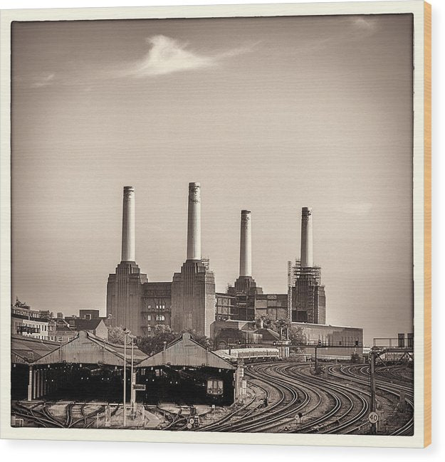 Battersea Power Station with train tracks with Border - Wood Print