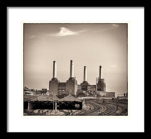 Battersea Power Station with train tracks with Border - Framed Print