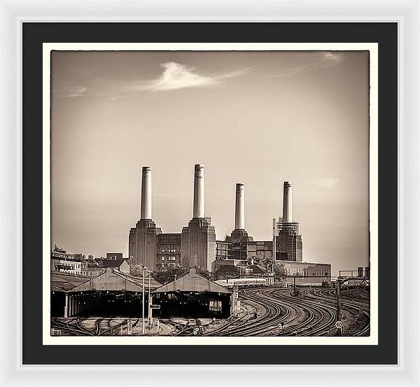 Battersea Power Station with train tracks with Border - Framed Print