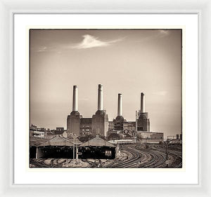 Battersea Power Station with train tracks with Border - Framed Print