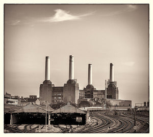 Battersea Power Station with train tracks with Border - Art Print