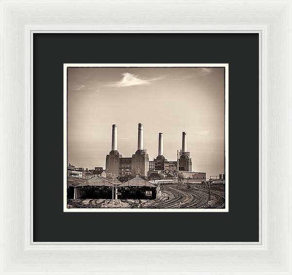 Battersea Power Station with train tracks with Border - Framed Print