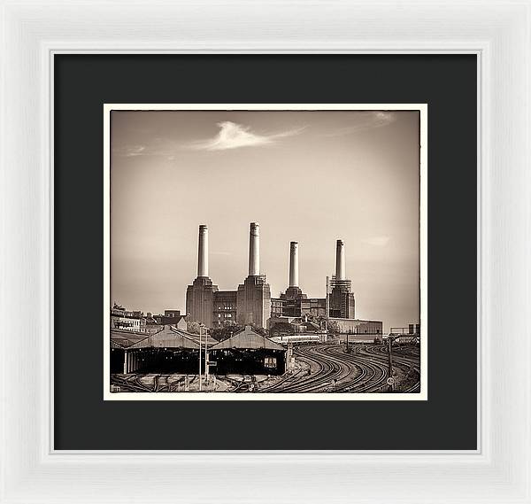 Battersea Power Station with train tracks with Border - Framed Print