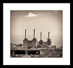 Battersea Power Station with train tracks with Border - Framed Print