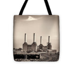 Load image into Gallery viewer, Battersea Power Station with train tracks with Border - Tote Bag
