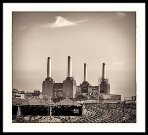 Battersea Power Station with train tracks with Border - Framed Print