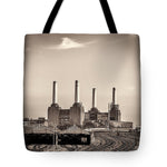 Load image into Gallery viewer, Battersea Power Station with train tracks with Border - Tote Bag
