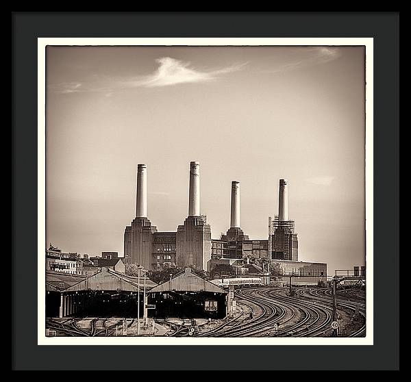 Battersea Power Station with train tracks with Border - Framed Print