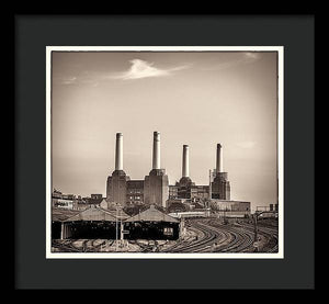 Battersea Power Station with train tracks with Border - Framed Print