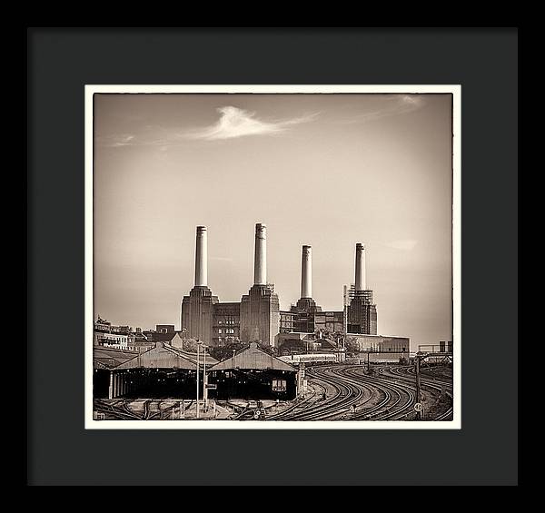 Battersea Power Station with train tracks with Border - Framed Print