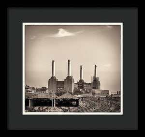 Battersea Power Station with train tracks with Border - Framed Print